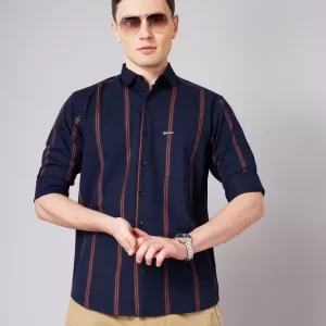 Men’s Solid Navy Blue Cotton-Blend Shirt with Dual Chest Pockets